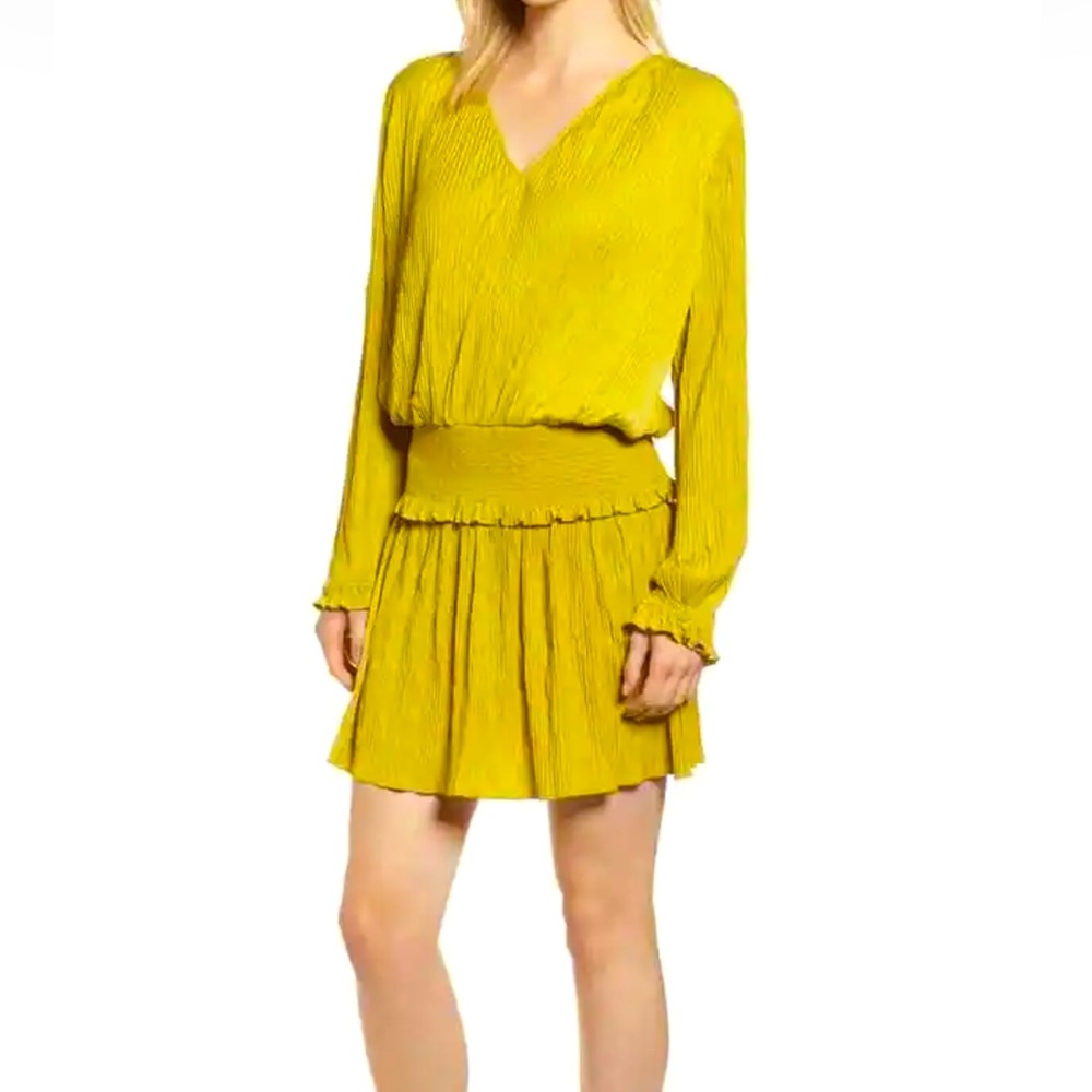 Chelsea28 mustard yellow crinkle elastic pleated drop waist mini dress